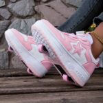 Girls' Pink & White Roller Skate Sneakers with Removable Wheels - Rotating Buckle Closure, Durable PU Upper & TPR Sole, Heart Design, Perfect for Sports, Training & All Seasons, Hand Wash or Dry Clean, Skate Shoes - Image 4
