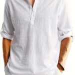 Men'S Linen Henley Shirt, Casual Stand Collar, Solid Color, Regular Fit, Split Sleeve, Button Detail, Woven Fabric, 100% Linen, Non-Stretch, Spring/Fall Season, 115g/m² - Beige