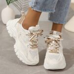 ⁦2025 New Women's Chunky Platform Dad Sneakers - White & Beige Lace-Up Casual Shoes with Thick Rubber Sole, EVA Cushion, Breathable Mesh & Synthetic Cover for All-Season Comfort⁩ - الصورة ⁦4⁩