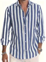 Men's Stylish Striped Long Sleeve Button-Up Shirt - Casual Lapel Collar, White & Brown Vertical Stripes, Lightweight Fabric, Perfect for Beach Vacations, Dates, and Gifts, Beach Wear, Versatile Fashion | Classic Striped Shirt | Collared Long Sleeve