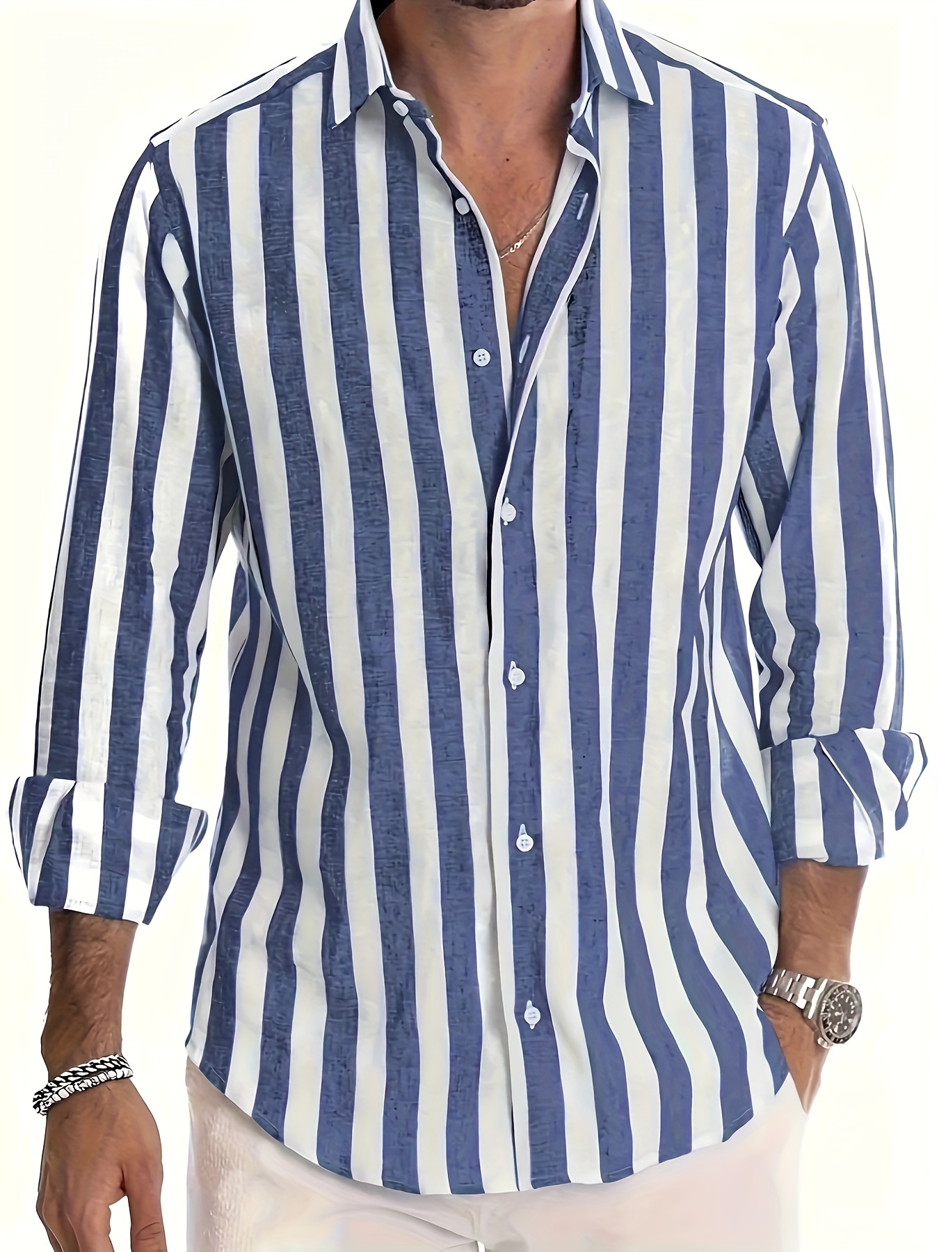 34b3e327-6ab5-4ef2-b317-4ba60dd920d5.jpg Men's Stylish Striped Long Sleeve Button-Up Shirt - Casual Lapel Collar, White & Brown Vertical Stripes, Lightweight Fabric, Perfect for Beach Vacations, Dates, and Gifts, Beach Wear, Versatile Fashion | Classic Striped Shirt | Collared Long Sleeve - Image 1