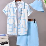 KIKOFENDY Boys' 3pcs Summer Vacation Set - Casual Alphabet Print Shirt, Comfortable Shorts & Stylish Sun Hat with Button Details, Non-Stretch Fabric, Regular Fit for Beach & Outdoor Activitie, for Outdoor - Image 10