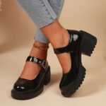 Women's Glossy Black Mary Jane Shoes with Thick Platform Heel, Adjustable Buckle Strap & Round Toe - Synthetic Cover Upper & Durable Rubber Sole for All-Season Comfort, Modern Footwear
