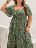Rusttydustty Women's Boho Chic Maxi Dress - French Square Neck, Adjustable Tie-Front, Floral Print A-Line Pleated Hem, Breathable Short Sleeve for Music Festivals, Beach Vacations & Casual Outings, Festival Attire, Comfortable Fit - Image 4