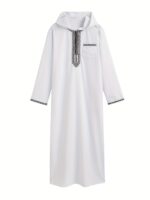Men's White Hooded Kaftan with Black Embroidery & Faux Pockets - Long Sleeve Traditional Arabian Robe for Ramadan & Eid al-Adha Festivals, Casual Polyester Blend, Loose Fit, All-Season Wear, Casual Wear | Decorative Robe | Elastane Fabric - Image 3