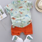 2pcs Baby Boys Dinosaur Print Button Short Sleeve Shirt Top & Elastic Waist Shorts Set Toddler Summer Clothes For Daily & Outdoor Wear - Image 13