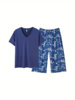⁦Women's Plus Casual Lounge Set, Plus Size Solid Short Sleeve V Neck Top & Floral Capri Pants Pajama 2 Piece Set⁩ - الصورة ⁦8⁩