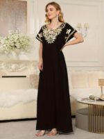 Elegant Black Turkish Kaftan Dress with Floral Embroidery - Loose Fit Short Sleeve Dress for Women, Middle Eastern Inspired All-Season Versatile Wear, Mature Sophisticated Attire, Comfortable Fit