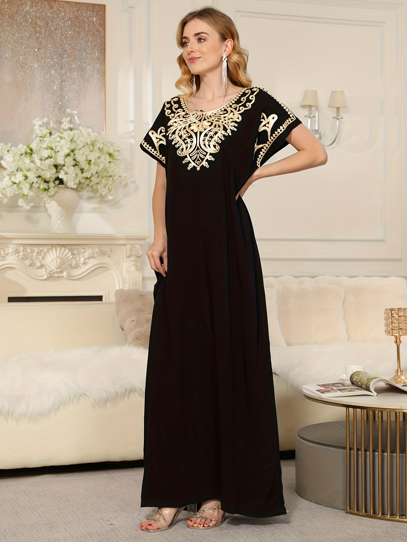 37fa3dc2-107b-4f9a-9d99-38002630c25e.jpg Elegant Black Turkish Kaftan Dress with Floral Embroidery - Loose Fit Short Sleeve Dress for Women, Middle Eastern Inspired All-Season Versatile Wear, Mature Sophisticated Attire, Comfortable Fit - الصورة 1