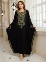 ⁦EDOLYNSA Women's Plus Size Middle Eastern Kaftan Cover-Up Dress - Batwing Sleeves, Floral Embroidery & Golden Accents, Loose Fit Turkish Robe for Ramadan, Beach Vacations, Casual Outings (Black), Muslim Dress, Festive Attire, Nontransparent Fabric⁩ - الصورة ⁦7⁩