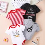 ⁦5pcs Baby's Marine Style Cotton Bodysuit, Casual Short Sleeve Romper, Toddler & Infant Boy's Outdoor Clothing⁩ - الصورة ⁦15⁩