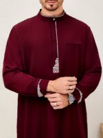 Men's Burgundy Islamic Robe | Polyester-Elastane Blend | Geometric Embroidered Design | Stand Collar | Faux Pocket Detail | Traditional Middle Eastern Cultural Attire | All-Season Wear, Allseason Robe | Traditional Islamic Dress | Quality Stitch, Muslim C - Image 2