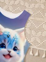 Girls' Sleeveless Summer Dress with Adorable Blue Kitten & Floral Print - A-Line Casual Playwear for Youngsters, Hand Wash Only, Dress Up Play for Girls, Youngsters's Outdoor Wear, Comfortable Youngsters's Clothing - Image 3