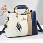 2024 New Women's Color-Block Tote Bag with Adjustable Crossbody/Shoulder Strap, Golden-Tone Hardware & Magnetic Closure - High Quality Casual Handbag for Commuting, Work, Travel - Navy/Beige/White Contrast Design, Crossbody Purse, Commuting Accessory, Dur