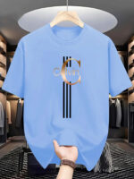 ⁦Men's Casual Calvin Print T-Shirt - Black with Golden Stripe Design, Comfortable Polyester Crew Neck Tee for Everyday Streetwear, Summer Essential⁩ - الصورة ⁦7⁩