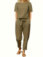 ⁦Casual two-piece set of plain long-sleeved pants with pockets, ideal choice for women in spring and autumn⁩ - الصورة ⁦8⁩
