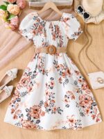 Charming Girls' Floral Summer Dress with Puff Sleeves and Belt - Lightweight Polyester, Machine Washable - Perfect for Beach Vacations - Image 2