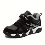 ⁦Boys' Winter Snow Boots with Warm Plush Lining - Comfy Non-Slip Soft Sole Sneakers, Black & White Geometric Design, Hook and Loop Closure, Casual Retro Style for Youngsters, Winter Boots⁩ - الصورة ⁦5⁩