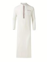Men's Elegant White Long Sleeve Kandora - Traditional Arabian Robe with Stand Collar, Geometric Pattern, All-Season Polyester Blend for Islamic and Cultural Events, Allseason Robe | Elegant Kandora | Smooth Fabric - Image 2