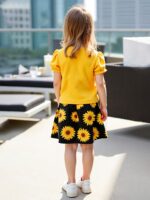 ⁦Girls' Sunflower Print Short Sleeve Top + Skirt Set, Summer Two-Piece Outfit for Everyday Wear/Vacation/Party, Suitable for Children Aged 3-10⁩ - الصورة ⁦6⁩
