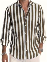 Men's Stylish Striped Long Sleeve Button-Up Shirt - Casual Lapel Collar, White & Brown Vertical Stripes, Lightweight Fabric, Perfect for Beach Vacations, Dates, and Gifts, Beach Wear, Versatile Fashion | Classic Striped Shirt | Collared Long Sleeve - Image 2