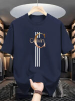 ⁦Men's Casual Calvin Print T-Shirt - Black with Golden Stripe Design, Comfortable Polyester Crew Neck Tee for Everyday Streetwear, Summer Essential⁩ - الصورة ⁦8⁩