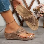 ⁦Women'S Elegant Wedge Sandals - Breathable, Supportive Arch Design, Light Blue Open-Toe Slip-Ons with Cut-Out Detailing, Soft PU Sole for Everyday Comfort, Versatile & Comfortable Footwear | Elegant Slipon Sandals | Cutout Details, Strappy Sandal⁩ - الصورة ⁦6⁩