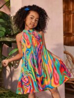 Boho Summer Loose Fit Non-Stretch Woven Pleated Tie Dye Halter Dress, Polyester, for Youth - Image 7