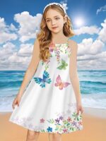 ⁦Girls Butterfly Graphic Cross Back Cami Dress Summer Clothes Beach Vacation⁩ - الصورة ⁦3⁩