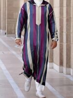 Men's Arabic Kaftan Robe - Traditional Striped Hooded Long Sleeve with Purple & Beige Vertical Stripes, Loose Fit for Ramadan Eid al-Adha & Gulf Festival, Breathable Casual Muslim Holiday Attire, Muslim Dress, Cultural Attire, Lightweight Fabric, Cultural - Image 2