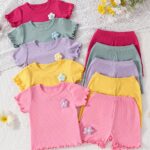 A New 10pcs Summer Set for Girls Featuring Fabric, Vertical Stripes, Lace Cuffs, Wavy Edges, Floral Embroidery, a Solid Color T-Shirt with a Round Neck, And Matching Shorts for a Casual And Stylish Look, for Outdoor
