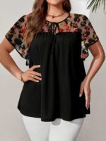 Plus Size Women's Floral Print Tie-Front Black Top with Adjustable Bow & Flutter Sleeves - Lightweight Semi-Sheer Summer Blouse, Machine Washable Elegant Pullover for Casual or Dressy Outfits, Floral Print Blouse, Casual Chic Top, Elegant Flutter Sleeves, - Image 2
