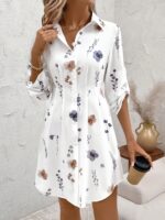⁦Elegant And Fresh Vacation-Style Floral Print Shirt Dress.⁩ - الصورة ⁦3⁩