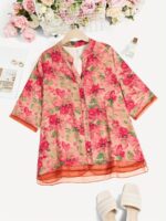 Women'S Casual Floral Print Blouse - Light Pink with Purple Floral Design, Long Sleeves, Button-Up, High Neck, Perfect for Spring/Summer, Casual Attire|Floral Print Top|Long Sleeve Shirt - Image 3