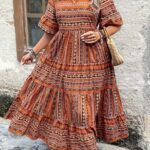 Plus Size All Over Print Tiered Dress, Vacation Notch Neck Short Sleeve Dress, Women's Plus Size Clothing