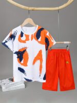⁦Boys' Summer Casual Sportswear Set - Breathable Cotton Blend T-Shirt & Shorts with Letter Print, Machine Washable, Perfect for Outdoor⁩ - الصورة ⁦7⁩