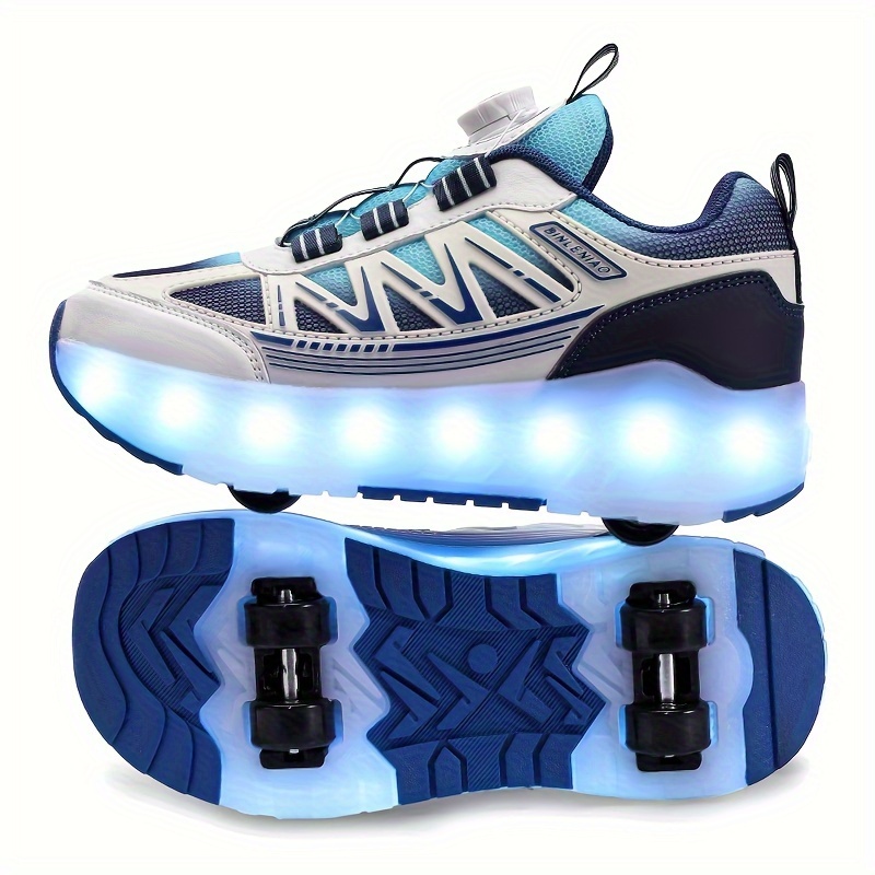 4453fed8-a553-4827-a7d0-feeed219f260.jpg Youth Skate Shoes with LED Lights, Four-Wheel Detachable, Street Fashion, Trendy Style, Random Pattern, All-Season, Sports and Outdoor Scene, Roller Skating, Rotary Buckle Closure, Breathable and Adjustable Brightness, Upper, Fabric Inner, TPR Sole, Cloth - الصورة 1