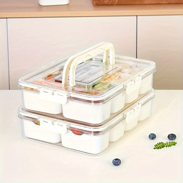 2-Pack Stackable Snack Tray with Handle and Lid, 8 Detachable Compartments, PP Material Food Storage Organizer, Salad & Fruit Container for Refrigerator, Outdoor Safe, BPA-Free