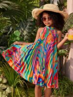 Boho Summer Loose Fit Non-Stretch Woven Pleated Tie Dye Halter Dress, Polyester, for Youth - Image 2