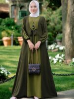 Middle Eastern Casual Long Dress Muslim Ramadan Color-Contrast Waistband Tuck-in Headed Elegant Outing Dress Abaya (without Headscarf)