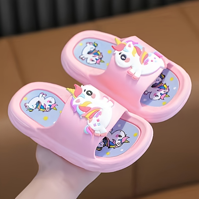 4724d63d-b320-4817-b0e0-2dbd325061da.jpg Cute Cartoon Unicorn Open Toe Slippers For Girls, Non Slip Lightweight Slippers For Indoor Shower Pool, All Seasons - Image 1