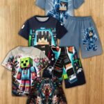 Boys' fashion 3D printed casual pullover short-sleeved T-shirt and short pants set, boys' outdoor T-shirt and short pants set, 6pcs set, Perfect for Outdoor