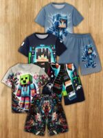 Boys' fashion 3D printed casual pullover short-sleeved T-shirt and short pants set, boys' outdoor T-shirt and short pants set, 6pcs set, Perfect for Outdoor