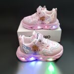 ⁦' Glow-in-the-Dark Sneakers, Cartoon Pattern, Casual Lace-Up with Fastener, Breathable Fabric & Faux Leather Upper, Rubber Sole, Round Toe, Low Top, Disposable Button Battery Operated, for Ages 14 and Under - Spring/Fall Collection⁩ - الصورة ⁦2⁩
