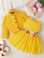 ⁦Girls' Casual Floral Dress with Long Sleeve Jacket Skirt Set⁩ - الصورة ⁦2⁩