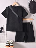 KIKOFENDY Boys' 3pcs Summer Outfit Set - Casual White Short Sleeve T-Shirt with Patched Letter Design, Beige Shorts & Fashionable Crossbody Bag, Perfect for Spring/Summer/Fall, for Outdoor - Image 9