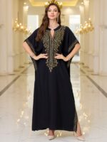 EDOLYNSA V-Neck Black Vine Embroidery Ethnic Style Short-Sleeved Slit Long Beach Dress Fashion Middle East Outdoor Loose Casual Outerwear Sunscreen Large Size Blouse Kaftan Q1758 - Image 5