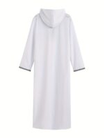 Men's White Hooded Kaftan with Black Embroidery & Faux Pockets - Long Sleeve Traditional Arabian Robe for Ramadan & Eid al-Adha Festivals, Casual Polyester Blend, Loose Fit, All-Season Wear, Casual Wear | Decorative Robe | Elastane Fabric - Image 5