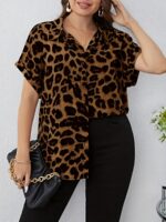 ⁦Plus Size Women's Leopard Print Casual Shirt - Batwing Sleeves & Classic Collar, Loose Fit Button-Up Blouse for Spring Summer Fall, Machine Washable Elegance Collection, Leopard Print Blouse, Seasonal Fashion, Oversized Fashion, Nontransparent Fabric, Cas⁩ - الصورة ⁦10⁩