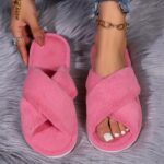 Women's Plush Cross-Strap Slip-On Slippers with Non-Slip EVA Sole - All-Season Indoor/Outdoor House Shoes for Home, Postpartum & Casual Wear (Pink/White/Black/Lavender), Ladies Slippers, Soft Plush Design, Fabric Upper And Insole - Image 10